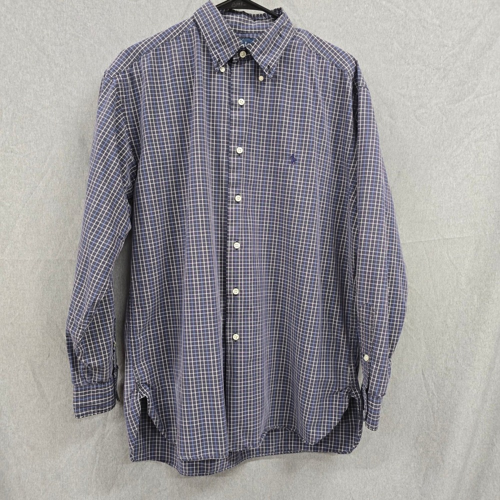 Ralph Lauren McMeel Mens Medium Navy Blue Plaid Cotton Nylon Button Down Shirt